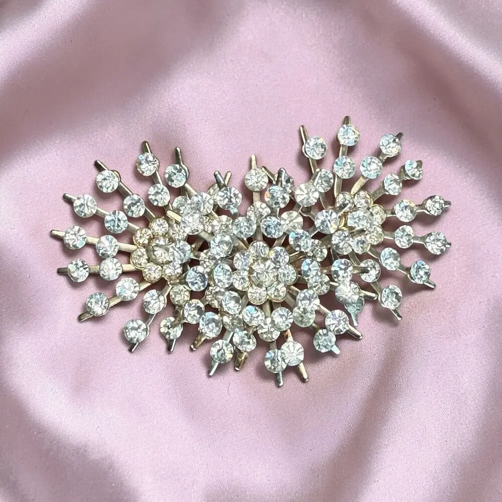 Sputnik VTG 50’s Starburst Cluster Pin Brooch Bright Sparkling Clear Rhinestones